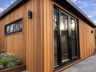 close up of garden room with light wooden cladding