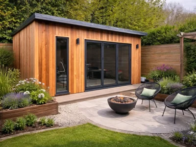 large garden room office in lovely garden